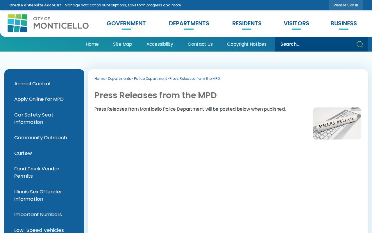 Monticello Police Department press-release page, a Piatt County incident-record source