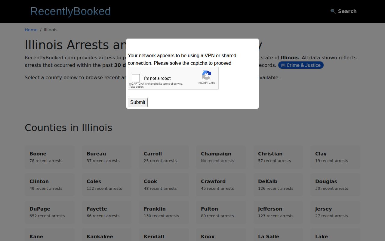 RecentlyBooked Illinois directory showing no verified Piatt County local crime news section