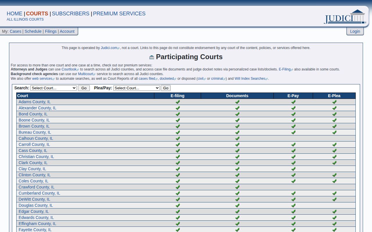 Judici participating court list for Piatt County warrant and court-record research
